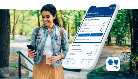 BCBSTN App Dashboard screen with woman walking in the park, texting and enjoying coffee