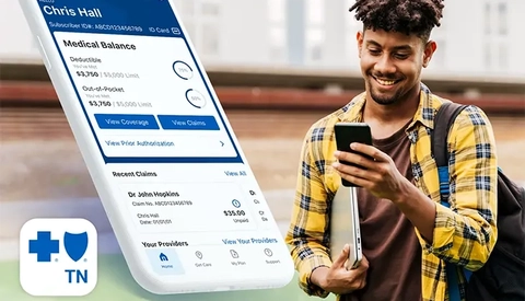 BCBSTN App Dashboard screen with College student looking at smart phone