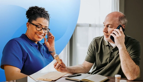 A healthcare support interaction at home involving a prescription bottle and a phone conversation, highlighting medication management and patient care.