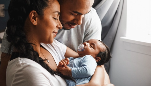 Happy parents smiling lovingly at sleeping baby