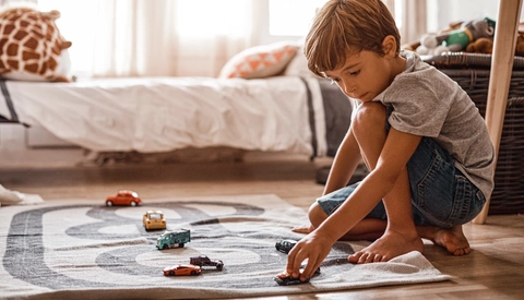 Little boy playing with his toys at home