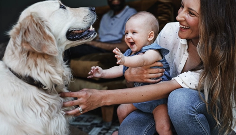 Mother and baby playing with dog