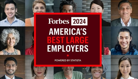 Forbes 2024 America’s Best Large Employers recognition graphic with employee portraits arranged around the award title.