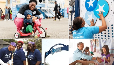 Collage of volunteers and families engaging in community activities, including outdoor play, interactive displays, and hands‑on assistance at a local event.