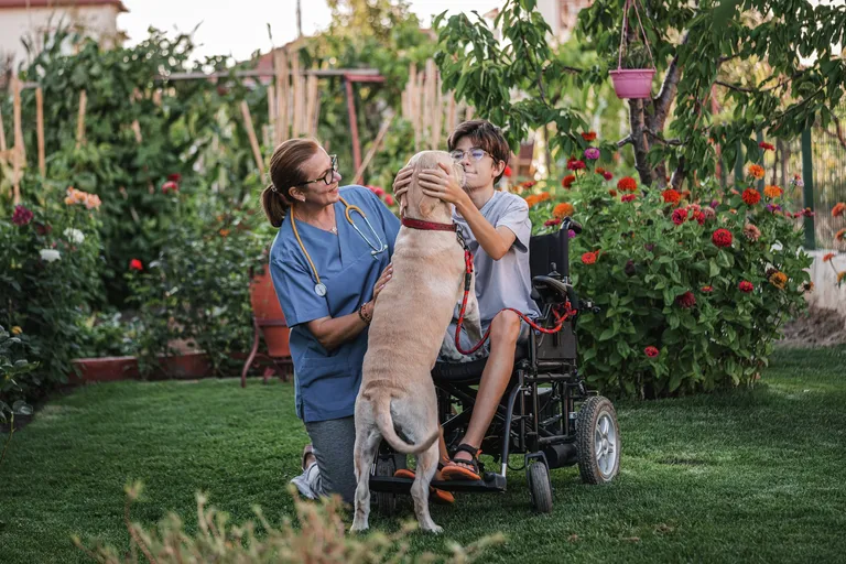Young boy and female nurse with assistant dogs in backyard