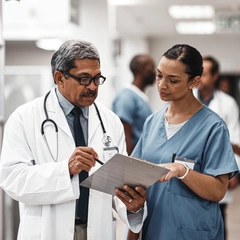Two medical professionals stand together in a hallway reviewing their patient's medical chart.