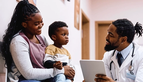 Pediatrician talking to mother and chlid