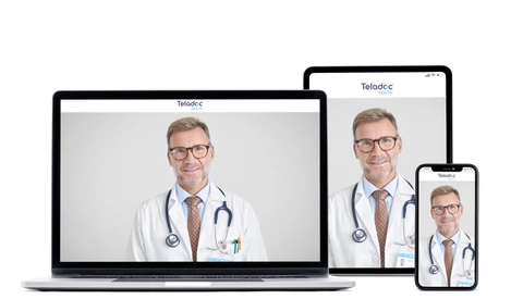 Teladoc platform displayed on laptop, tablet and mobile devices